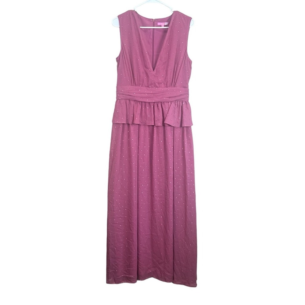 LDT Elegant Pink Chiffon Peplum Waist V Neck Textured Gown Dress Size 10